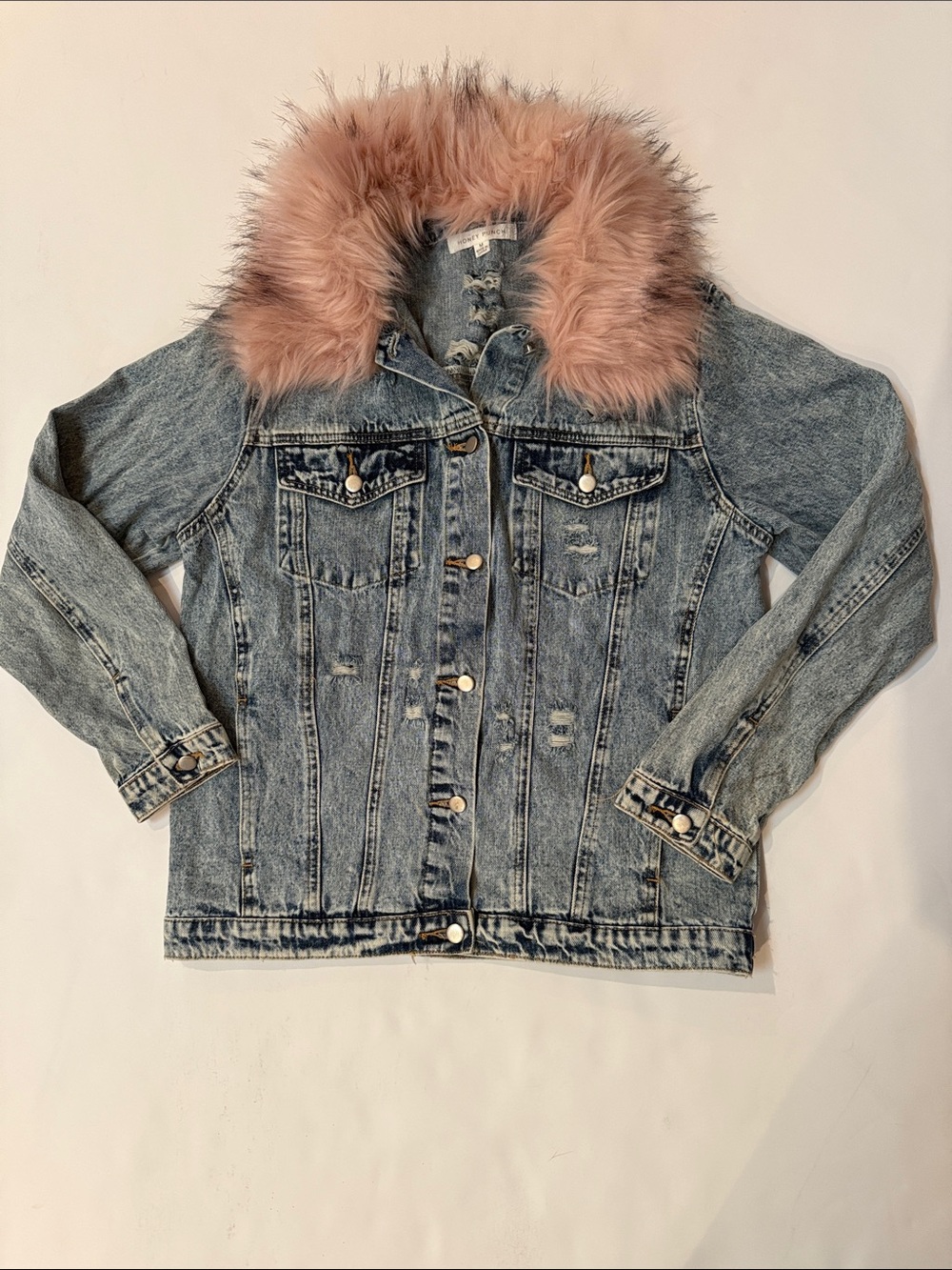 Honey Punch Light Wash Denim Jacket with Pink Faux Fur Trim Collar